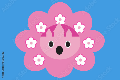 Flower Castle's Joy: A whimsical illustration of a flower with a castle face and a cheerful expression on a blue backdrop, capturing the fun and happiness. 