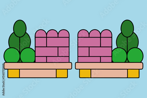 Abstract garden decor: a vibrant and stylized depiction of a decorative garden scene. Two textured brick walls bookend rounded hedges perched atop a wooden ledge against a light blue backdrop.