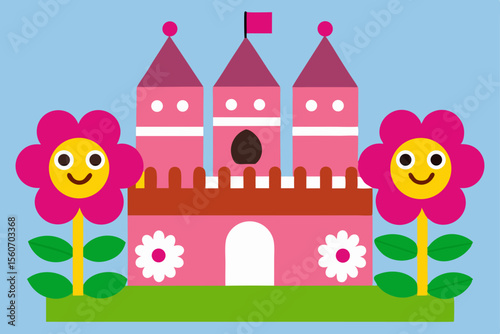Dreamy Pink Castle: A whimsical illustration of a vibrant pink castle, adorned with charming details like smiling flowers and a playful flag, invites viewers into a world of fantasy and enchantment.