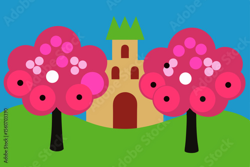 Enchanted Castle Amidst Blooming Cherry Trees A Whimsical Illustration