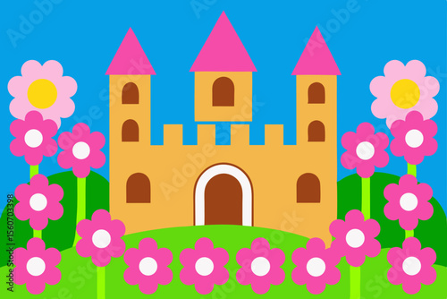 Enchanted Castle in Bloom: A vibrant cartoon illustration showcases a majestic castle with pink-tipped towers and a cheerful array of colorful flowers, set against a bright blue sky.