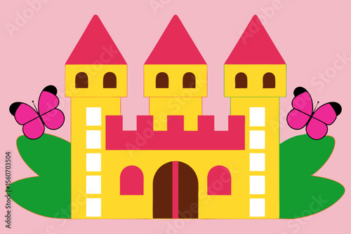 Enchanted Castle in Fairytale Realm: A whimsical illustration presents a vibrant castle, crowned with pointed turrets, stands proudly, accompanied by fluttering butterflies.