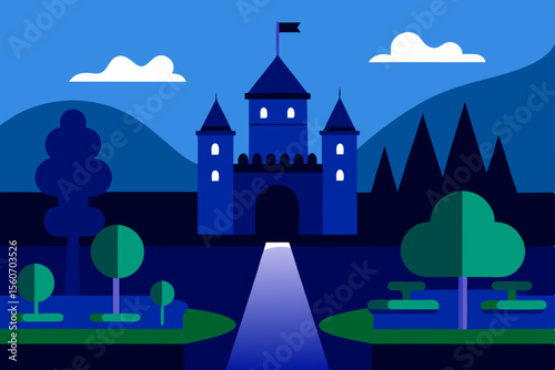 Illustrative Midnight Castle Scene: A stunning illustration depicts a majestic castle silhouetted against a deep night sky. Lush trees and a pathway add to the captivating scene.