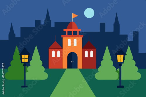 Night scene of a majestic castle with lanterns and trees