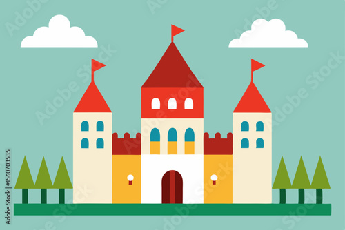 Majestic Castle Amidst Clouds: A captivating illustration of a grand castle with vibrant colors and intricate architectural details.