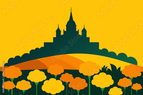 Castle on Hilltop with Marigolds: A stylized illustration of a majestic castle silhouetted against a vibrant sunset, overlooking a field of blooming marigolds on a gently rolling hill. 