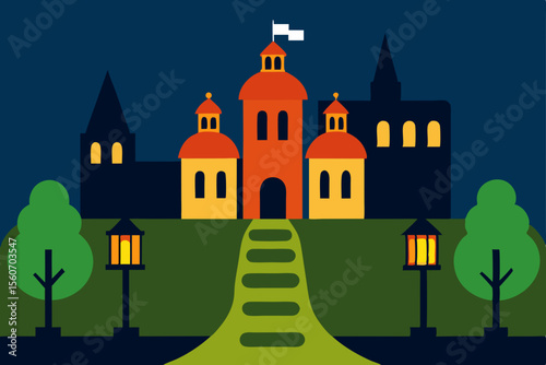 Royal Abode: A meticulously crafted illustration of a majestic castle under the moonlit sky, embodying an old-world charm with its towering spires, elegant turrets, and welcoming lanterns.