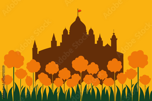 Architectural silhouette with Floral: Silhouette of a majestic building with ornate details set against a bright sky, complemented by a bed of stylized flowers, exuding a sense of cultural grandeur.