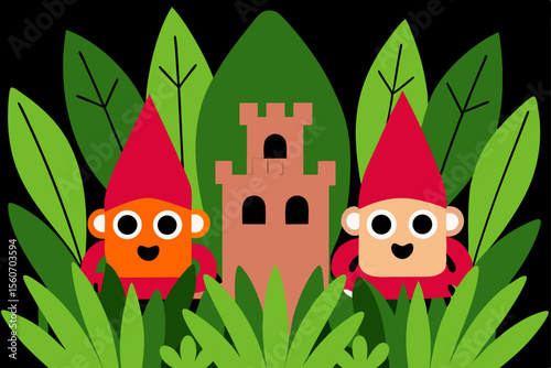 Playful Garden Gnomes and a Tiny Castle Illustration