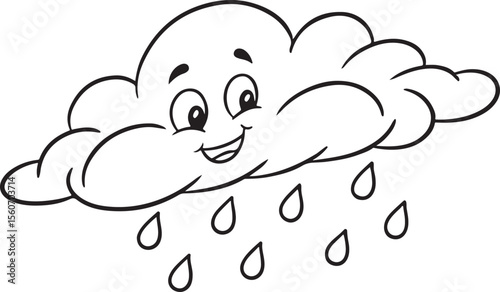  cute cloud with a smiling face and raindrops in a black and white line drawing style
