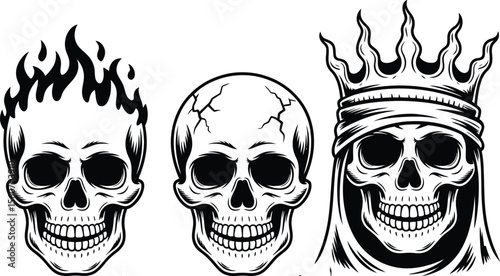 Three stylized skull illustrations in black and white one with flames one cracked and one wearing a crown isolated on a white background vector drawing