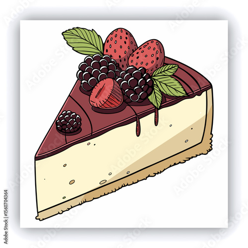 Food photography of homemade cheesecake side view covered with dark chocolate glaze, decorated with fresh garden berries on a white background isolated close up