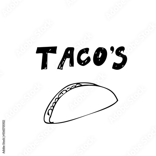 Hand drawn taco illustration created in Adobe Illustrator. Detailed vector design featuring a traditional Mexican taco with lettuce, cheese, meat, and tortilla shell. Perfect for restaurant branding, 