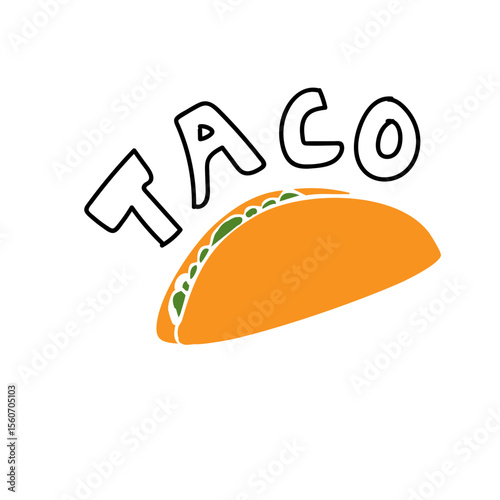 Hand drawn taco illustration created in Adobe Illustrator. Detailed vector design featuring a traditional Mexican taco with lettuce, cheese, meat, and tortilla shell. Perfect for restaurant branding, 