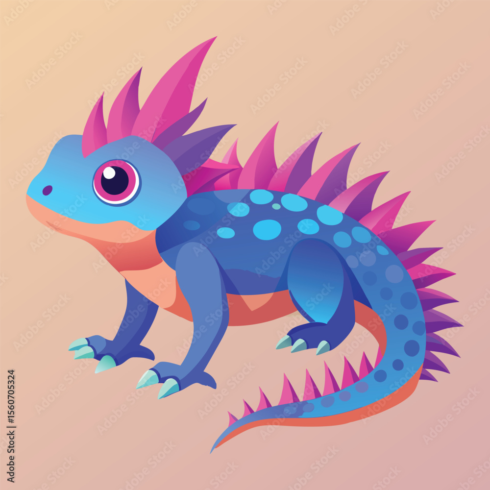 Fototapeta premium Blue lizard with pink spikes cartoon lizard fantasy creature