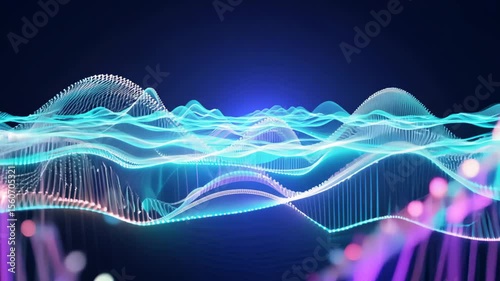 Shimmering translucent energy waves ripple and oscillate across a deep blue background, visualizing sound or data vibrations in an abstract high-tech environment