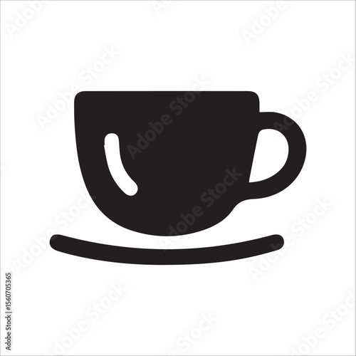 Black flat vector icon of a coffee cup with a saucer, representing coffee breaks, cafes, relaxation, or beverages. Ideal for use in restaurant menus, coffee shop branding, mobile apps, websites, and o
