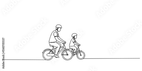 Continuous one line drawing of parents teaching child to ride a bike together, line art style vector illustration.