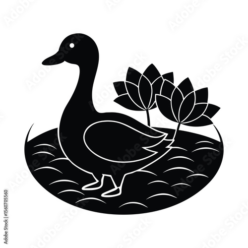  Duck silhouette with lotus pond vector illustration