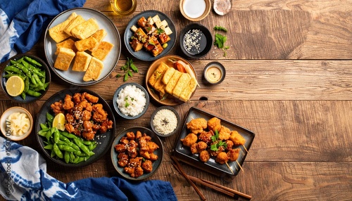 Ultra Realistic Top Down Shot of an Izakaya Appetizer Spread Featuring Tamagoyaki and Various Delicious Dishes on a Rustic Wooden Table