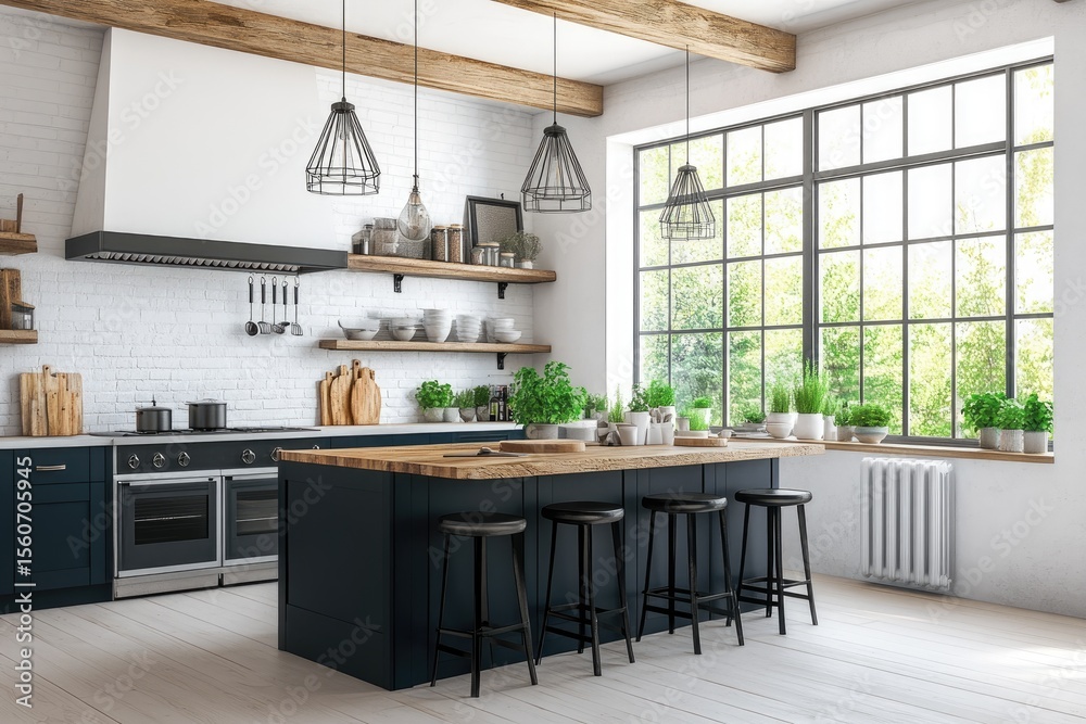 Fototapeta premium Modern farmhouse kitchen, bright & airy. Wooden beams, dark cabinetry, large windows