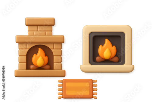 Cozy fireplace and modern heater emoji set with firewood