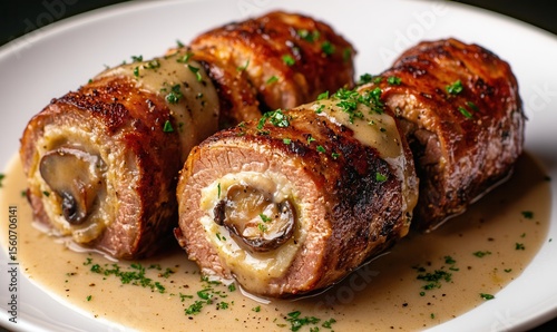 Zrazy beef roulades stuffed with mushrooms and onions served on plate