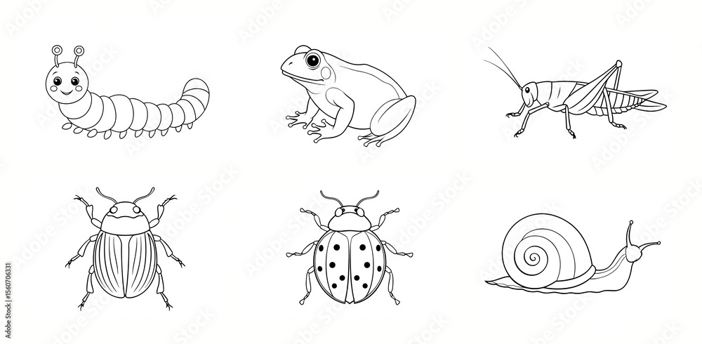 Obraz premium set of outline drawings of insects and animals, for coloring or educational visual aid