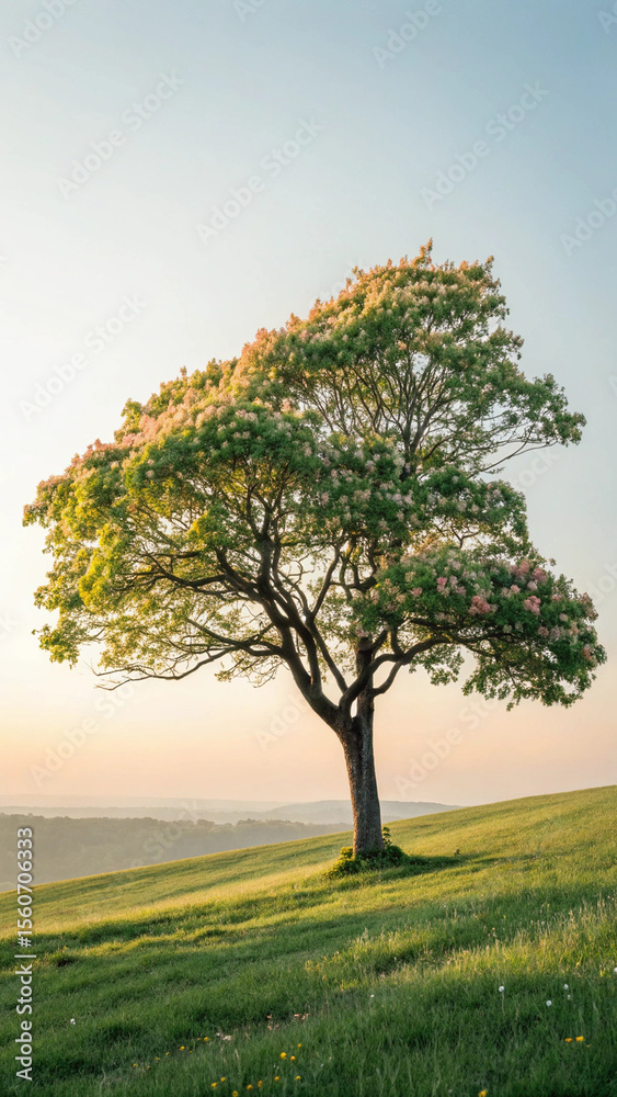 Obraz premium Serene Springtime Tree on Rolling Green Hill at Sunrise, Peaceful Landscape Photography