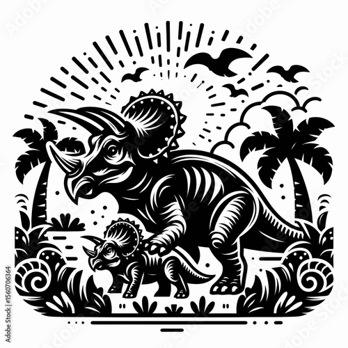 Triceratops Protecting Its Young in the Prehistoric Wild