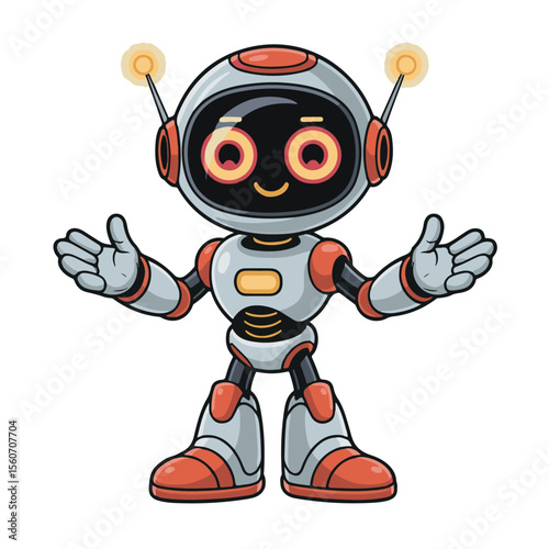 A funny red cartoon android robot toy, a cute 3D illustration of a futuristic mechanical character, isolated on white