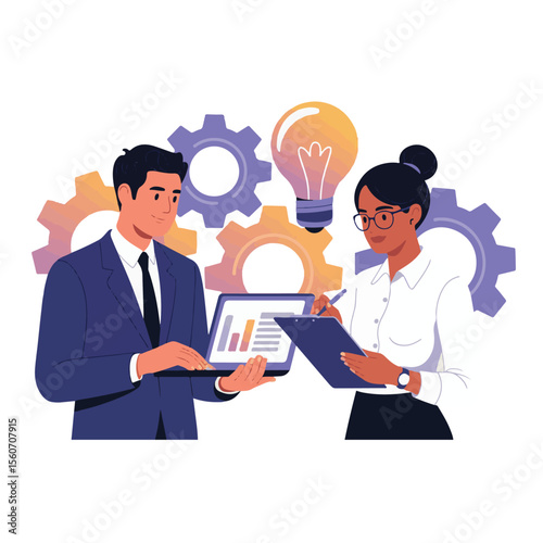 Two diverse business people, a man and a woman, collaborate on a laptop in an office cafe, symbolizing teamwork and success