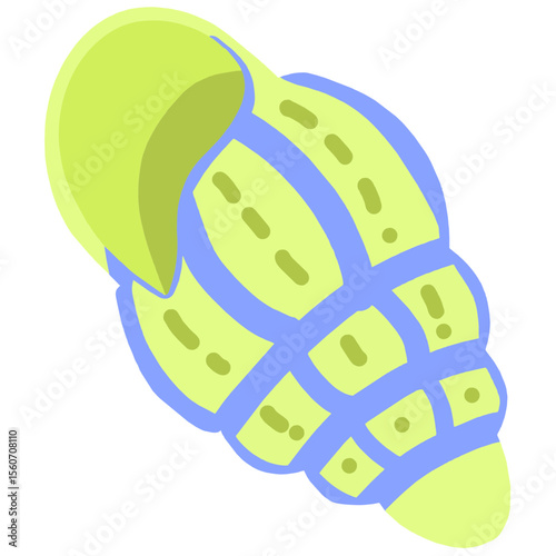 Bright green spiral seashell with blue outlines and dotted accents. Flat cartoon style, ideal for beach, ocean, summer, or marine-themed design and educational use.