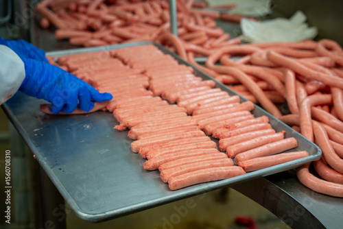 Sausage Production Line with Processed Hot Dogs on Metal Tray in Meat Factory

