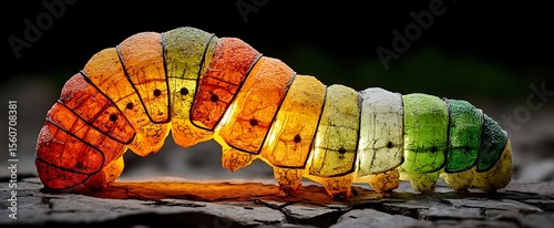 Vibrant Caterpillar Illusion Colorful Insect Crawling on a Stone with Macro Photography.