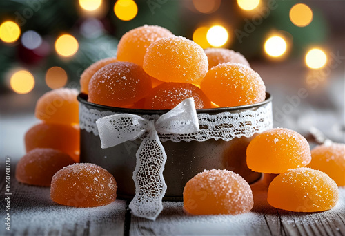 Orange marmalade candy gleams in a festive container, perfect for holiday design.