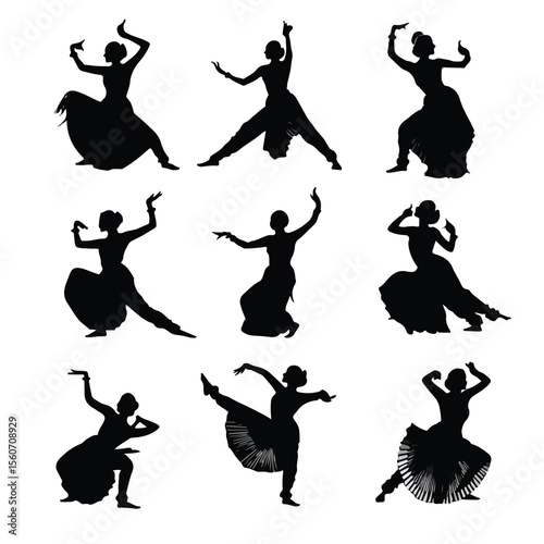 bharatanatyam dancer silhouette set, Black & White silhouette set