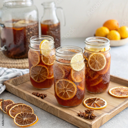 Refreshing Spiced Kombucha in Mason Jars with Dried Citrus Slices