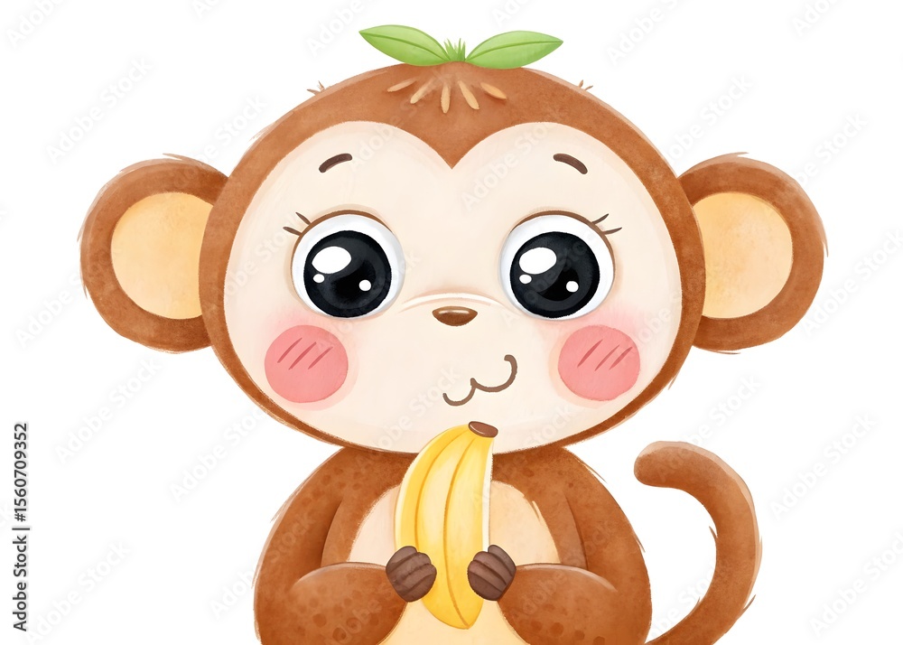 Obraz premium Watercolor illustration of a cute monkey eating a banana isolated on white background
