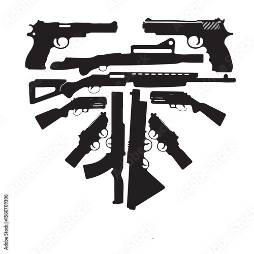 Vector illustration of a black silhouette automatic handgun with bullets, perfect for depicting military, war, or danger