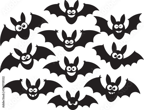 Cartoon Black Bats Collection with Funny Faces – Halloween Clipart Set
