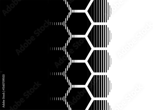 Vector transition from black to white from large hexagonal honeycombs. Modern striped technological pattern. Vector background. For covers, advertising, packaging, textiles. Halftone,