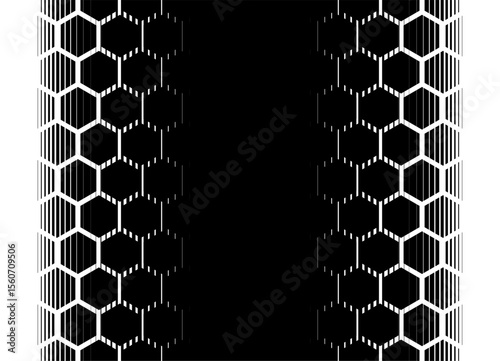 Two-dimensional vector transition from black to white from hexagonal honeycombs. Modern striped technological pattern. Vector background. For covers, advertising, packaging, textiles. Halftone,