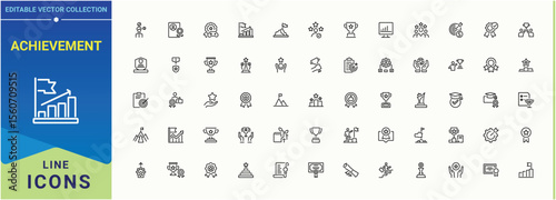 Achievement vector line icon set. Minimal icons collection. Pictograms of career, man, growth, occupation, person, business. Editable vector. Pixel perfect. Achievement icon collection.