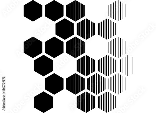Abstract Vector pattern of hexagonal scattered honeycombs with smooth transition, black on white. Vector striped background. For covers, advertising, packaging, textiles. Halftone, Mosaic, spot
