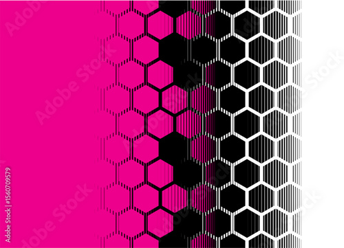 Clusters. Purple-black vector transition from hexagonal honeycombs. Modern striped technological pattern. Vector background with thin lines. For covers, advertising, packaging, textiles. Halftone,
