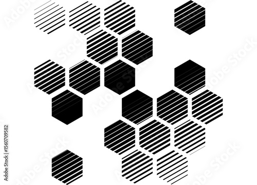 Vector pattern of hexagonal scattered honeycombs with a smooth transition, black on white. Vector striped background. For covers, advertising, packaging, textiles. Halftone, Mosaic, spot