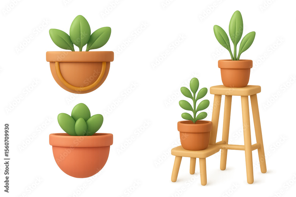 Obraz premium 3d illustrations of potted plants on wooden stands and wall