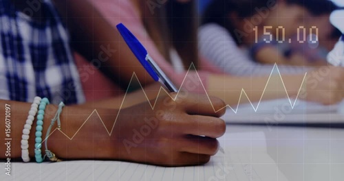 Student hand writing notebook triggers animated graph overlay climbing data values in education