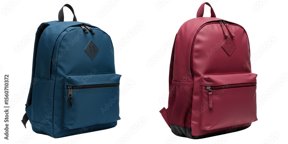 Fototapeta premium Two stylish backpacks in blue and burgundy isolate, set